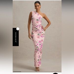 One-Shoulder Pink Floral Ruched Maxi Dress